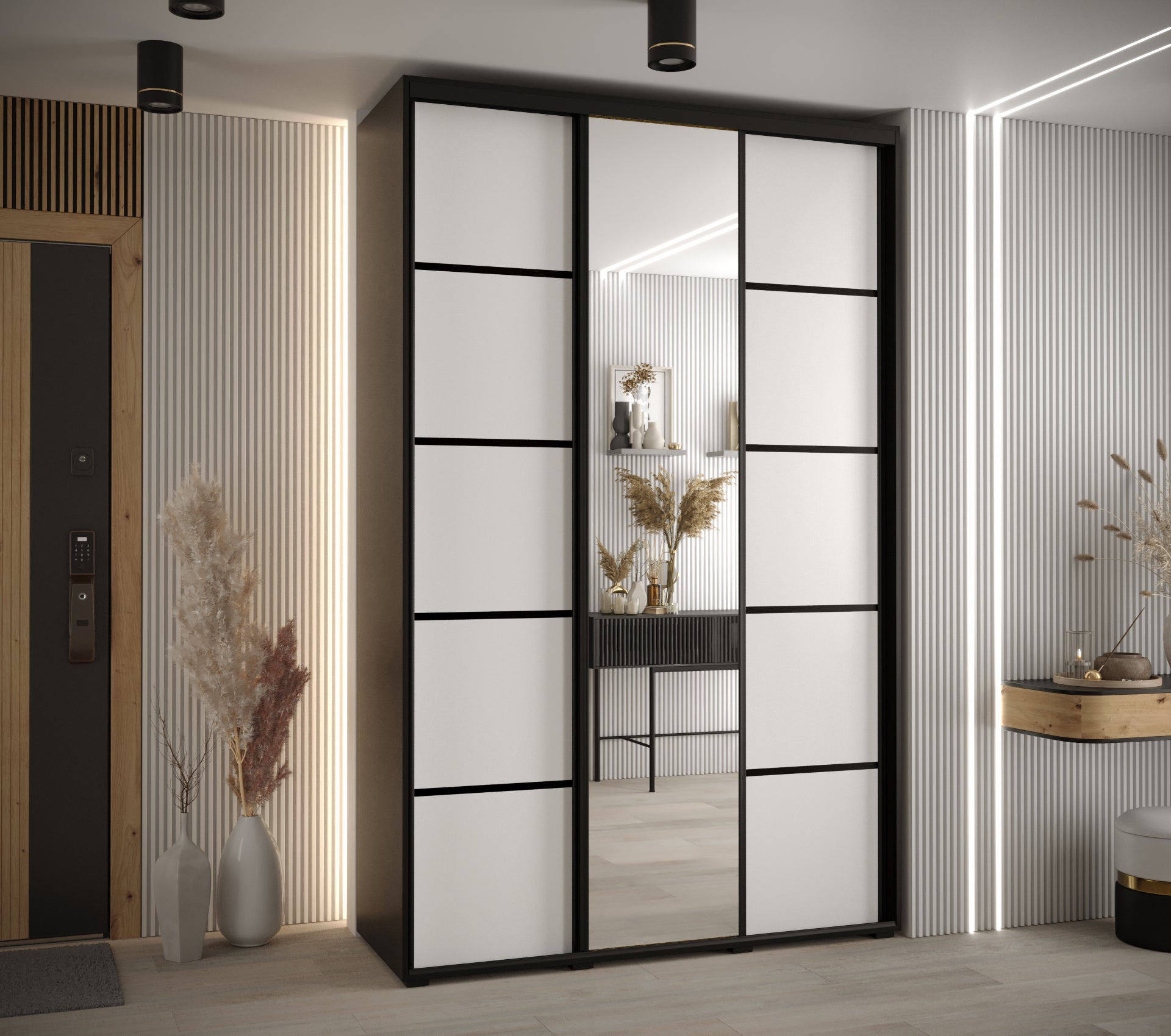 Szafa przesuwna z lustrem wysoka Davos 5 150 x 45 x 235,2 cm czarny + biały + u. czarny - Abiks Meble - 2