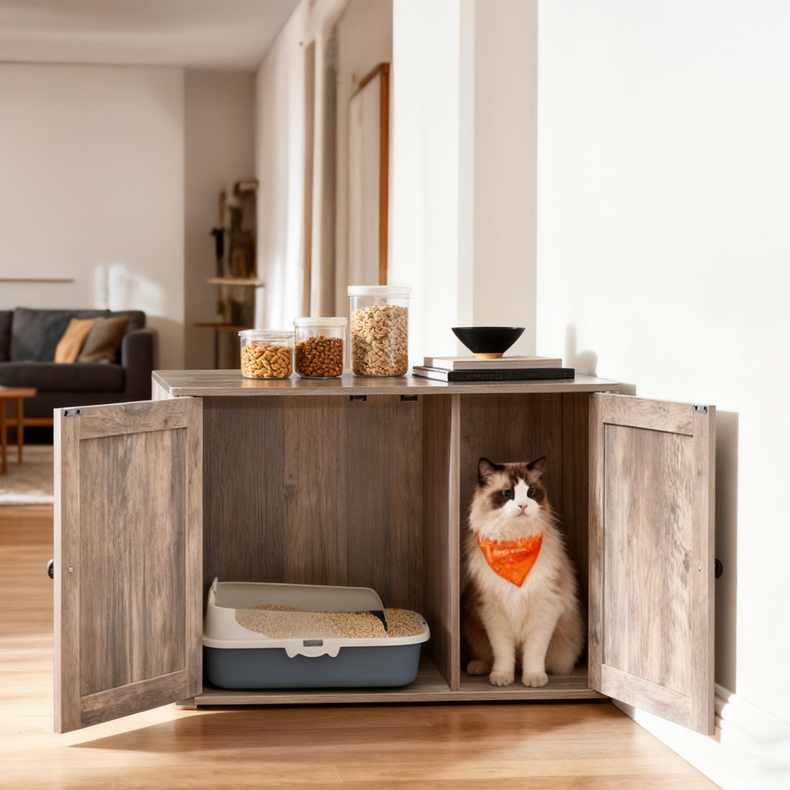 Armário para caixa de areia para gatos em MDF, na cor cinzento-claro, com divisória amovível e entrada lateral, 50 x 80 x 53 cm, Relaxdays - 3