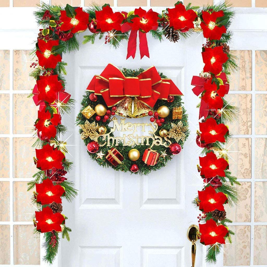Grinalda de natal de 30cm com enfeites e arco, decoração de natal, guirlanda de porta de natal artificial com sinos, guirlanda de feliz natal - 3