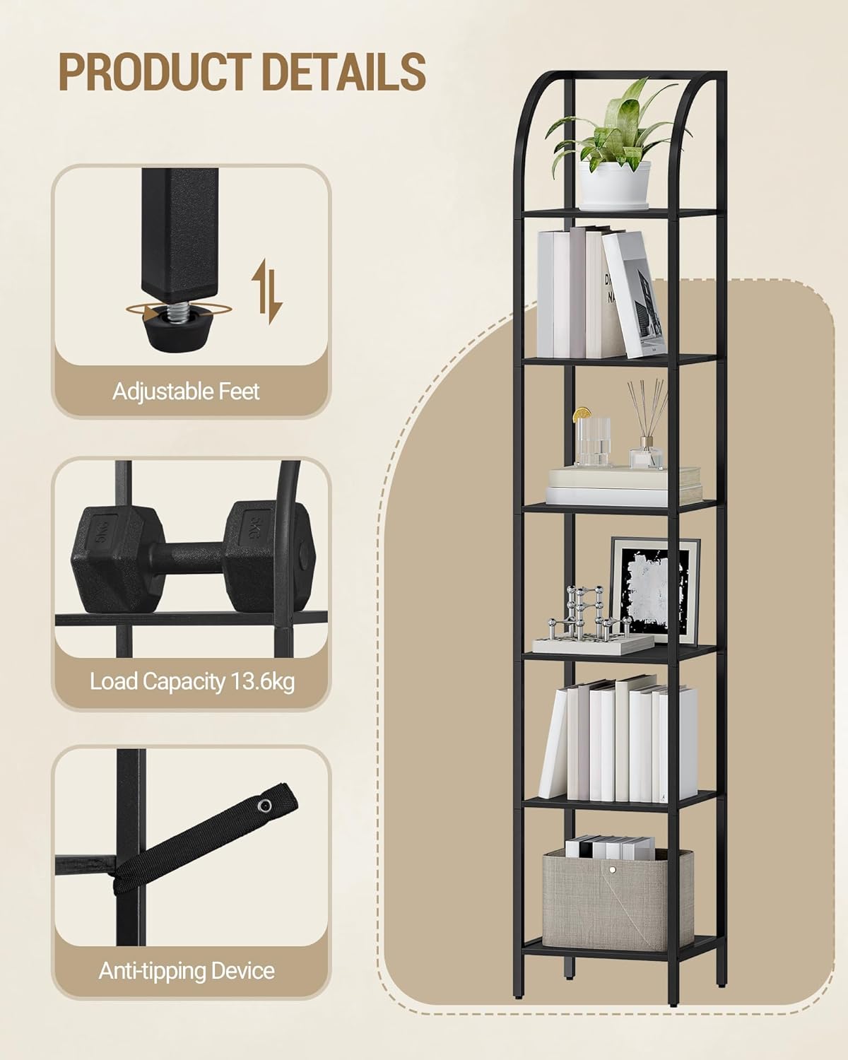 Étagères Étroites à 6 Niveaux, Bibliothèque Verticale, Meuble de Rangement, Étagère Ouverte, vient pour Bureau, Salon, Chambre, Cuisine, Noir - 4