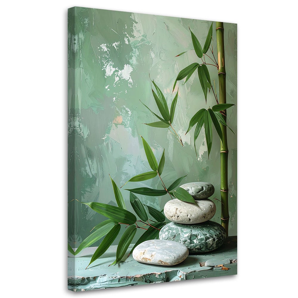 Obraz nowoczesny do salonu, Kamienie zen spa liście bambusa w zieleni 70x100