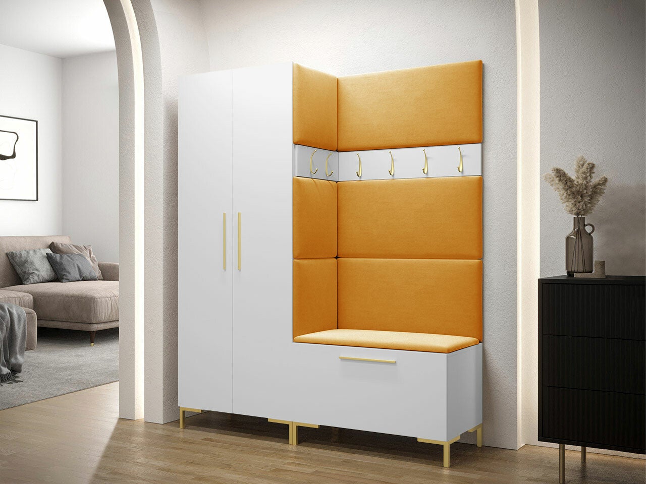 Conjunto para corredor Tivsoa 100, 196x158x44cm, Branco, Tecido, Placa de aglomerado laminado, Montado na parede, Colocado - 2