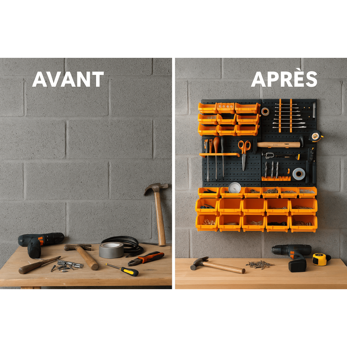 Panneau porte Outils 66 x 78 x 1.7cm 4 panneaux perforés 15 petits - 12 grands bacs 38 Crochets Etagère murale - 7