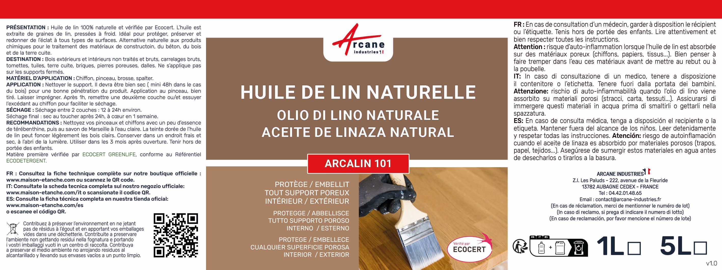 Huile de lin naturelle pour bois intérieur, extérieur, terrasse, parquet, meuble, pierre naturelle - ARCALIN 101 - 1 L - ARCANE INDUSTRIES - 5