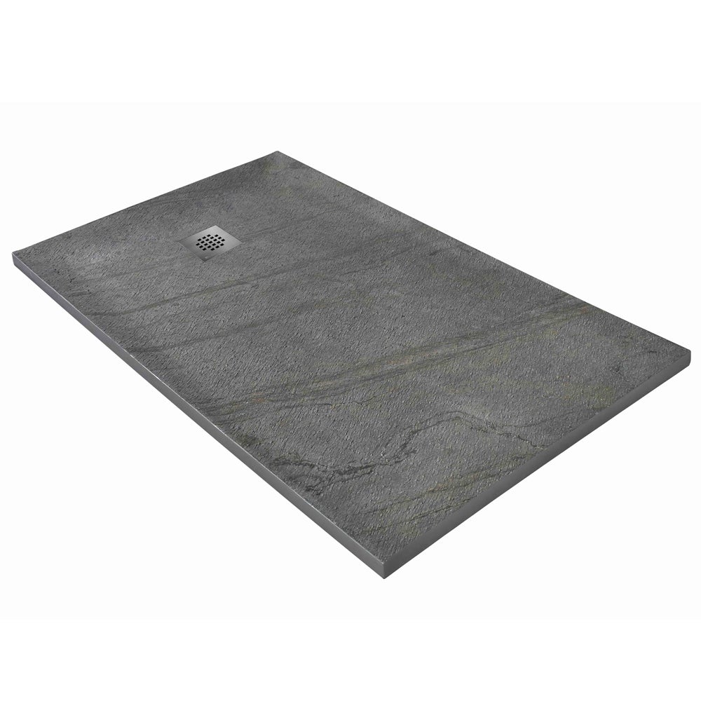 Plato de ducha de piedra natural pizarra clara 200 x 100 cm - rejilla cuadrada de acero descentrada