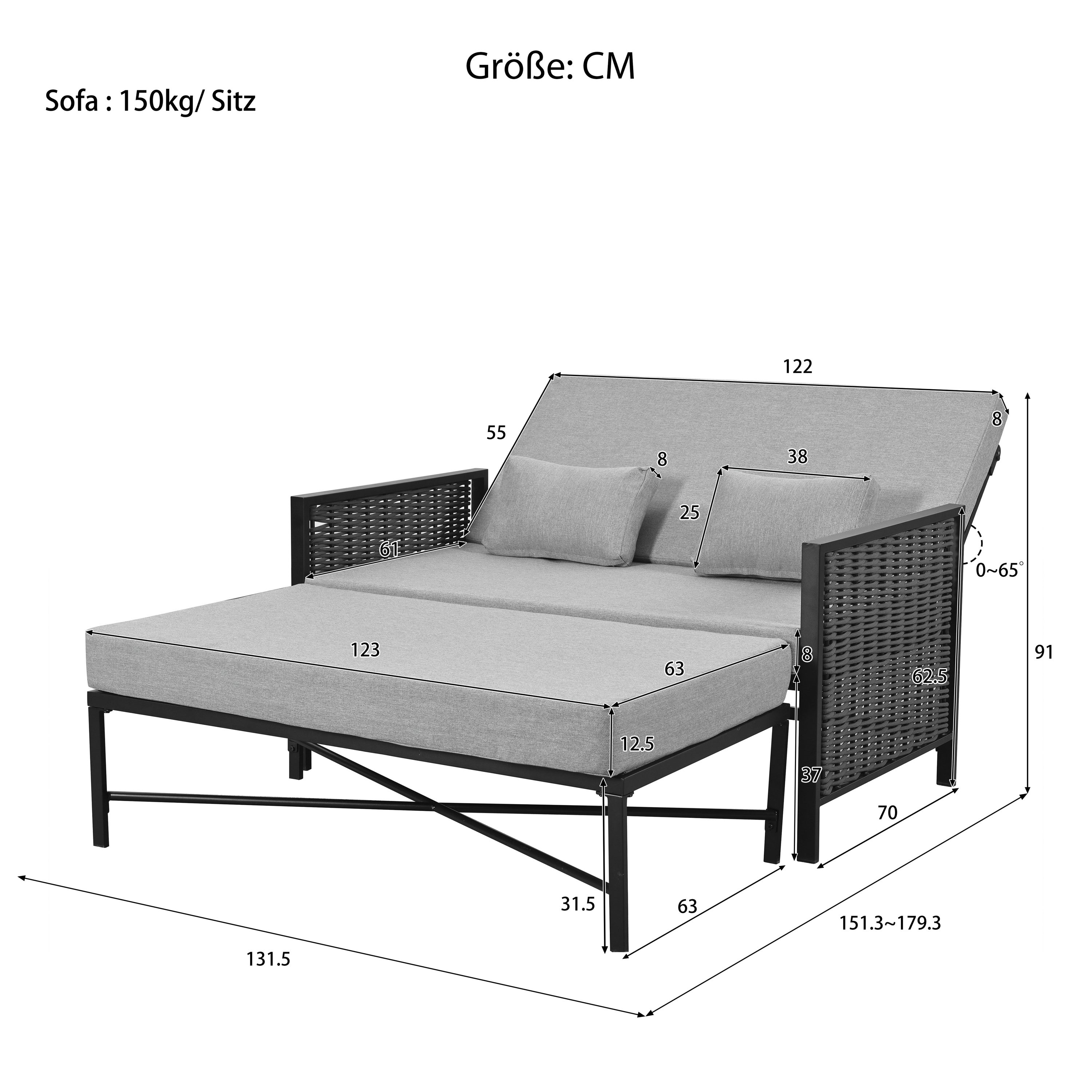 Ensemble de meubles de jardin,Avec pédales rétractables,canapé 2 places Avec 5 positions de dossier réglables,Chaise longue double d'extérieur, Gris - 6
