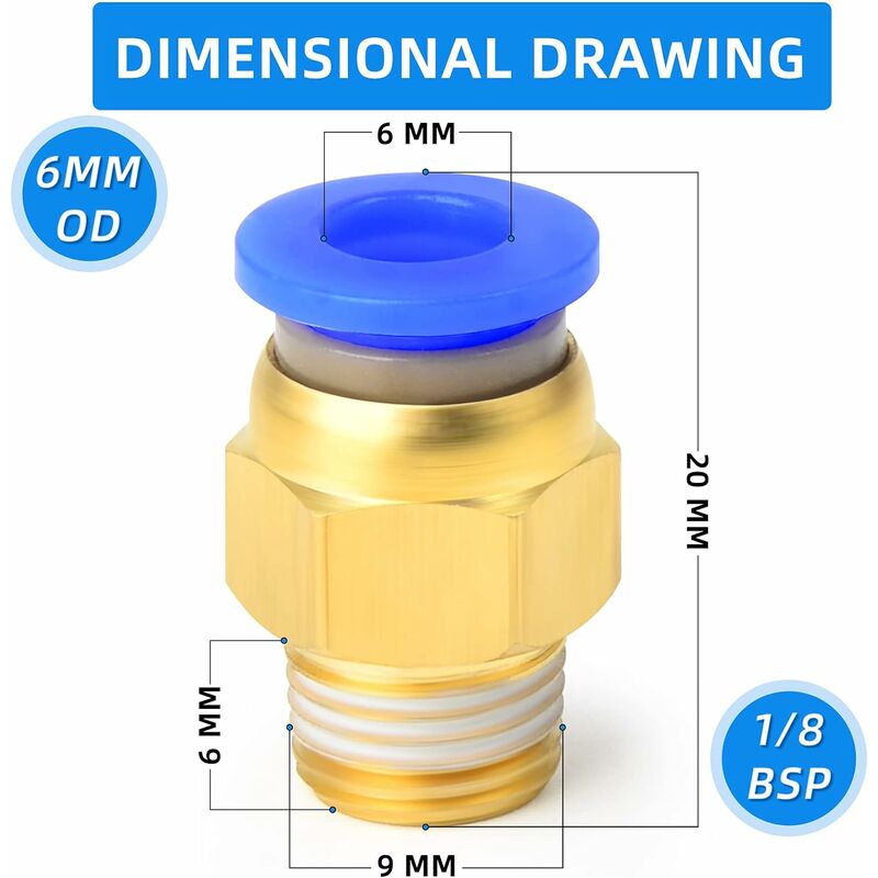 Raccord Rapide Pousser 6mm OD X 1/8" NPT - Cuivre Nickelé, Pour Air Comprimé, Systèmes Pneumatiques