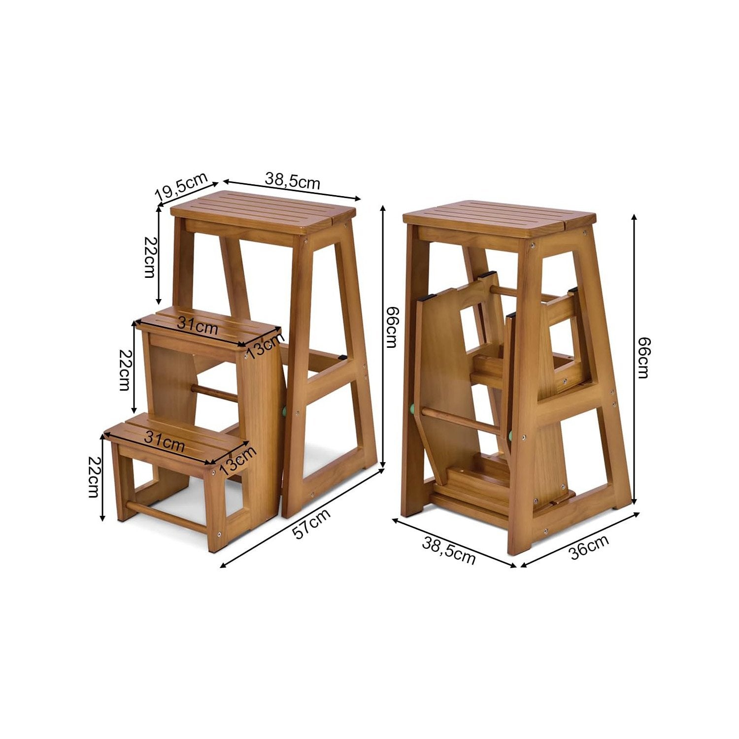 Escabeau Tabouret en bois de Pin, 57 x 39 x 65 CM, Escabeau Pliable 3 Marches, Marchepied Échelle Pliant, Noyer - 6
