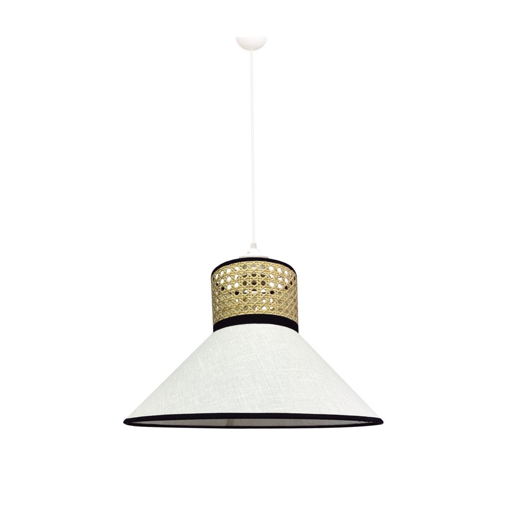 Lampa sufitowa Marcanda z naturalnej rafii z białym lnianym stożkowym abażurem i czarną ozdobną lamówką ø40 cm