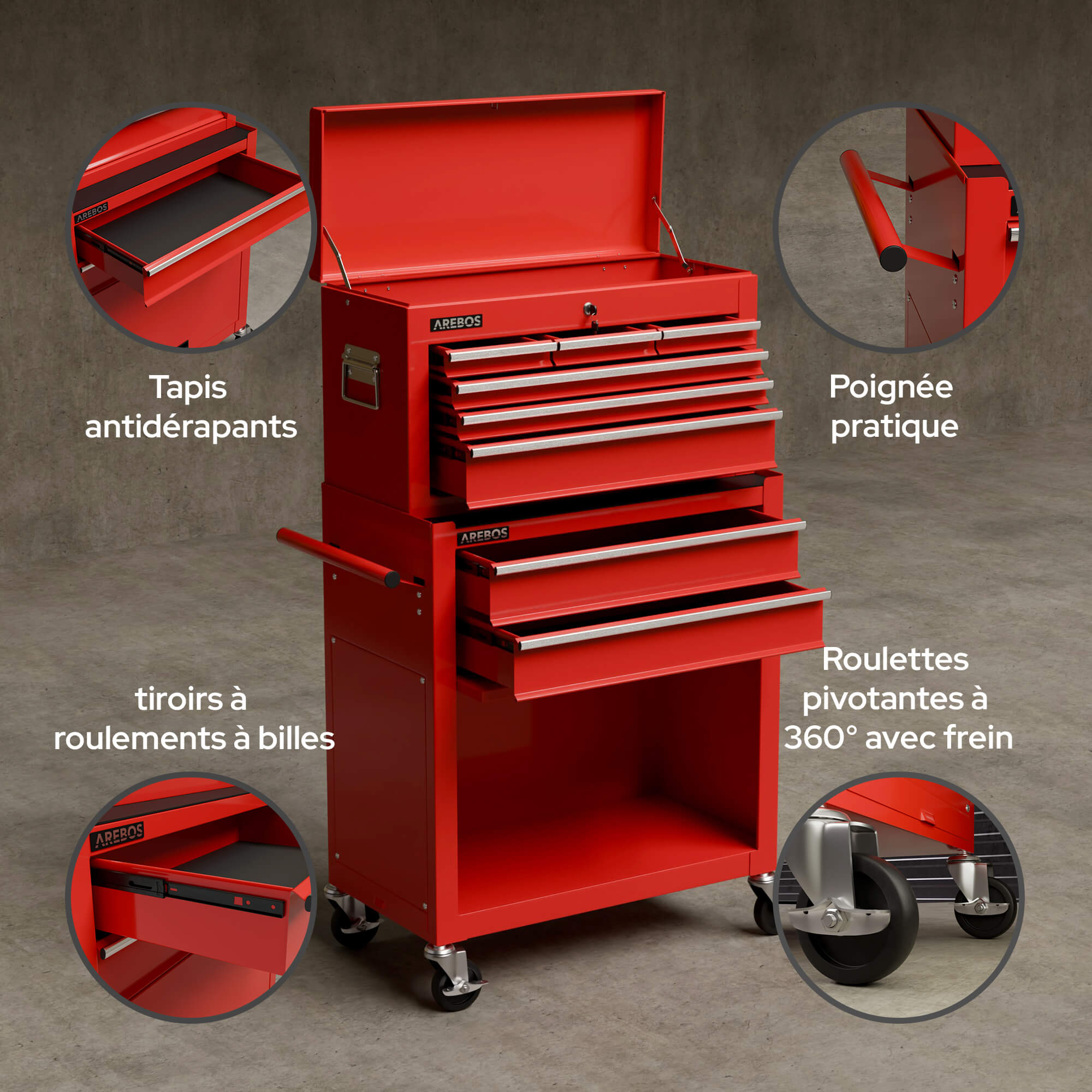 AREBOS Servante d’atelier 9 tiroirs Rouge – Coffre à outils mobile verrouillable, acier robuste, tiroirs à roulements à billes, roues freinées - 6