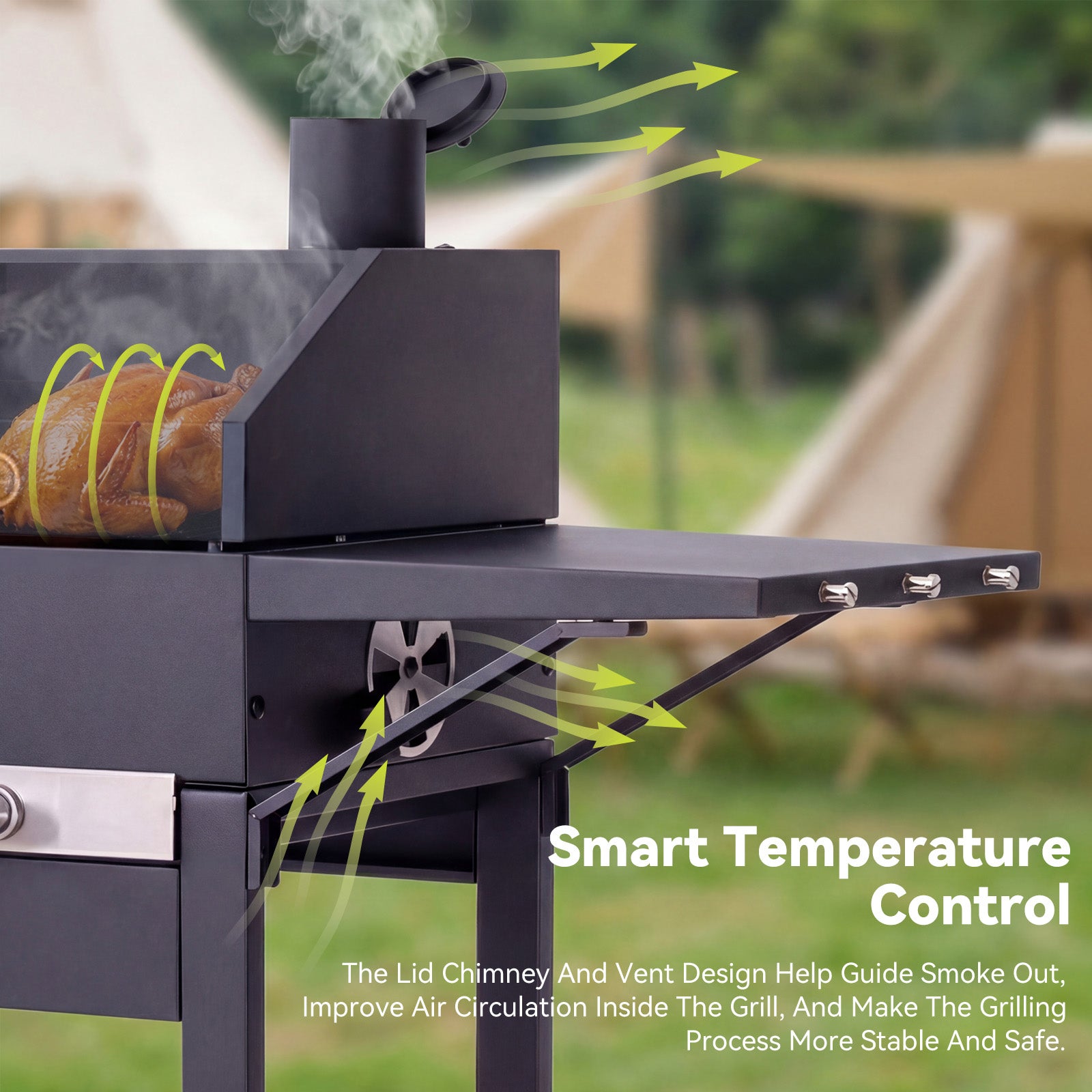 Barbecue a Carbonella, Superficie di Cottura: 45×32 cm, Griglia Principale in Smalto, Ripiano Riscaldante, Termometro HOMAVO - 8