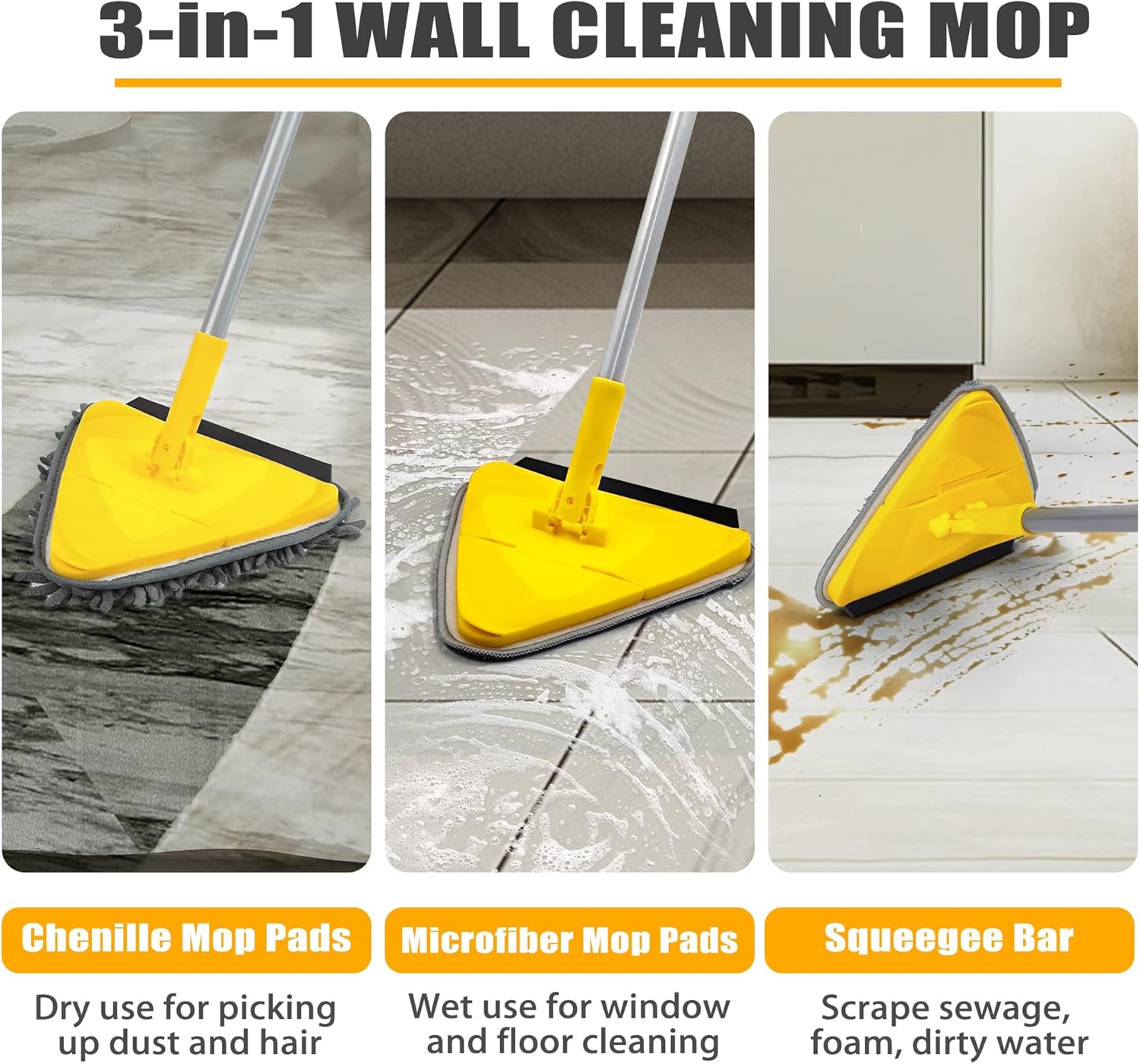 Balai Plafond Triangulaire avec 208 cm Longue Poignée, Dernier cri 180°Serpillère Pliable avec 6 Microfibre Chenille Pads pour Mur, Plafond (Jaune) - 4