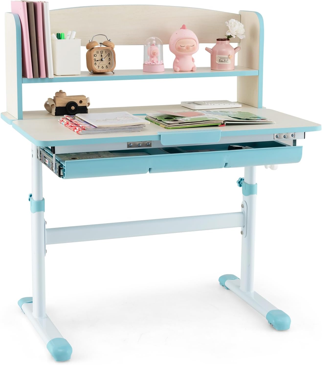Bureau Enfant Réglable En Hauteur Avec étagère - Plateau Inclinable 0-60°, Pour 3-12 Ans, Rose/bleu/jaune