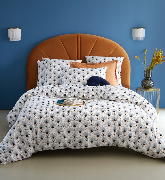 Housse de couette satin de coton, Pawica - Blanc/imprimé bleu - 140 x 200 cm