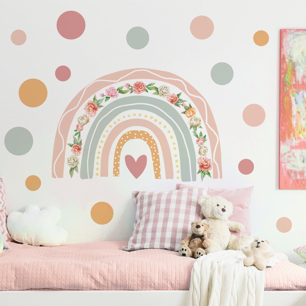 Naklejki ścienne z tęczą, naklejki ścienne w boho w kropki, naklejka ścienna z różowym kwiatem do pokoju dziewczynki,dekoracja pokoju dziecięcego