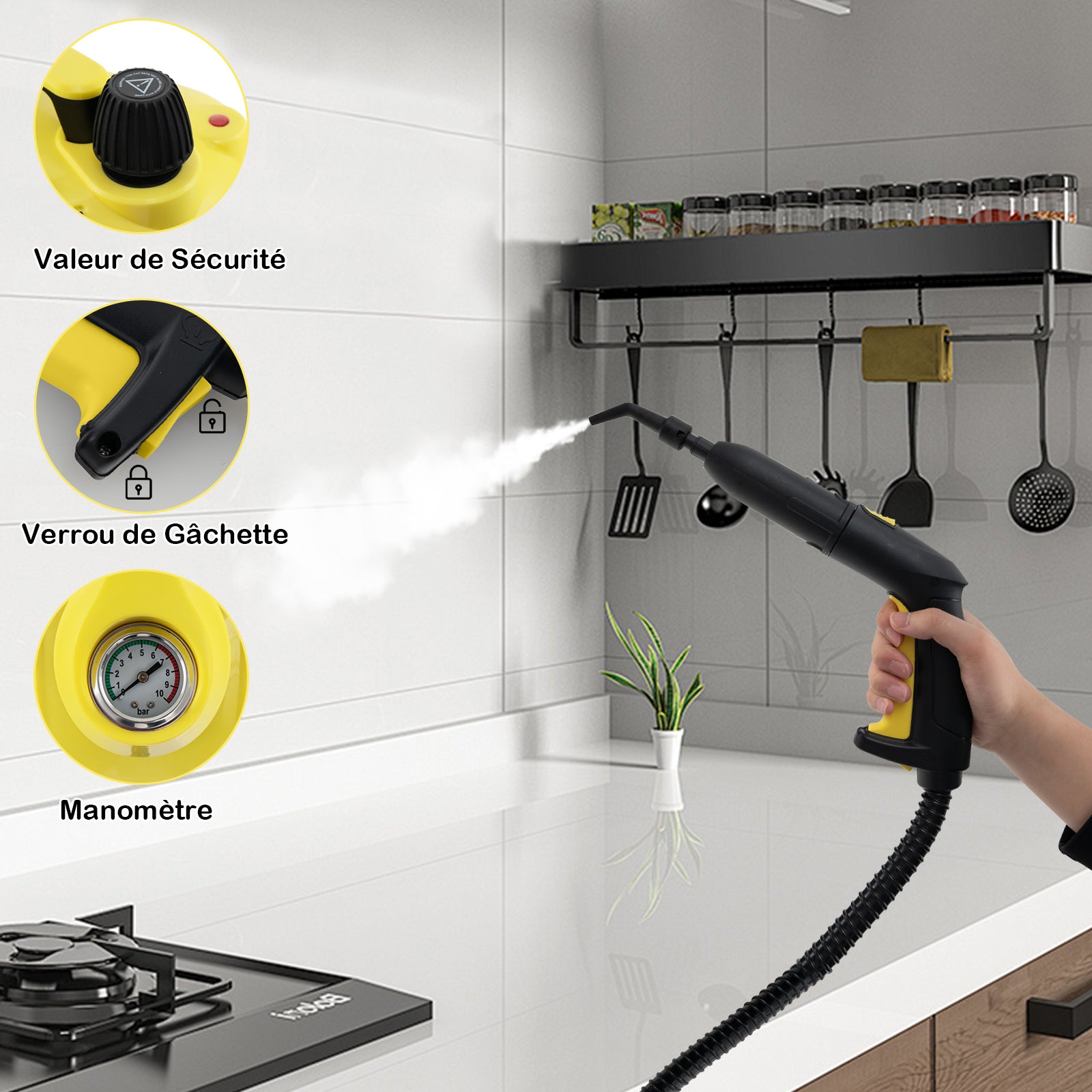 Limpador a vapor com conjunto de 15 acessórios, vaporizador com reservatório de 1,9 L, rodas e bloqueio de segurança, (amarelo) - 6