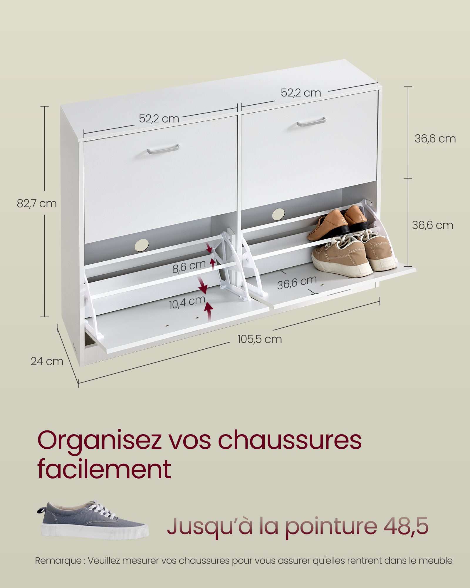 Meuble à Chaussures 4 Portes Battantes, pour 16 à 28 Paires de Chaussures, pour Entrée, 24 x 105,5 x 82,7 cm, Blanc Neige - 5