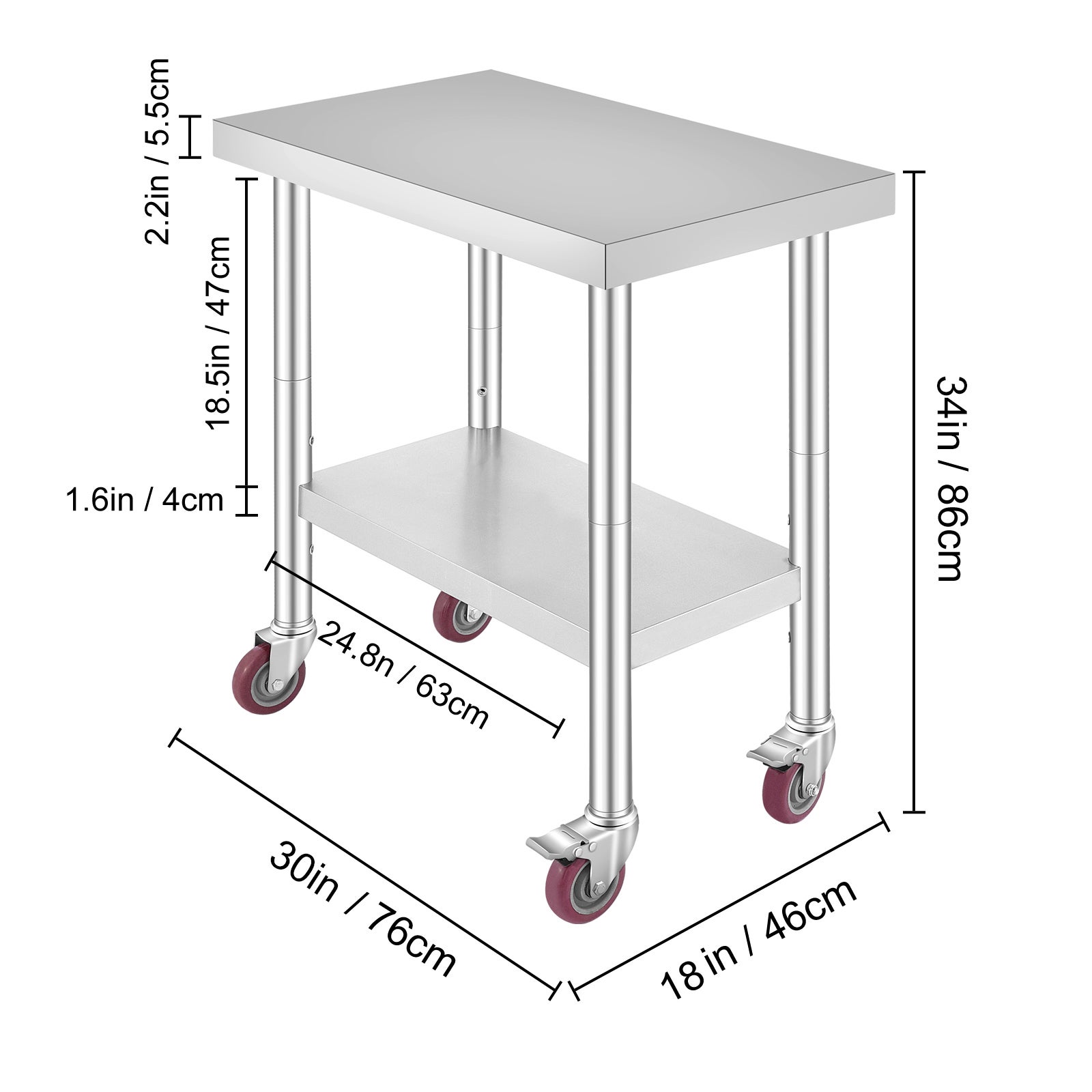 Tavolo lavoro in acciaio inox SucceBuy 30x18x34 pollici,capacità di 700 lb,4 ruote,3 altezze regolabili Tavolo per preparazione cibo per cucina - 2