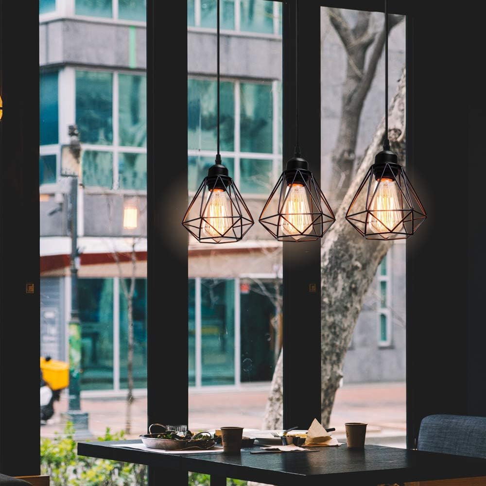 3 Lampes Suspension Luminaire Industrielle Métal Lustre Plafonnier Style Cage Géométrique E27 Mini Lampe Suspension Vintage avec Support Barre, Noir - 3
