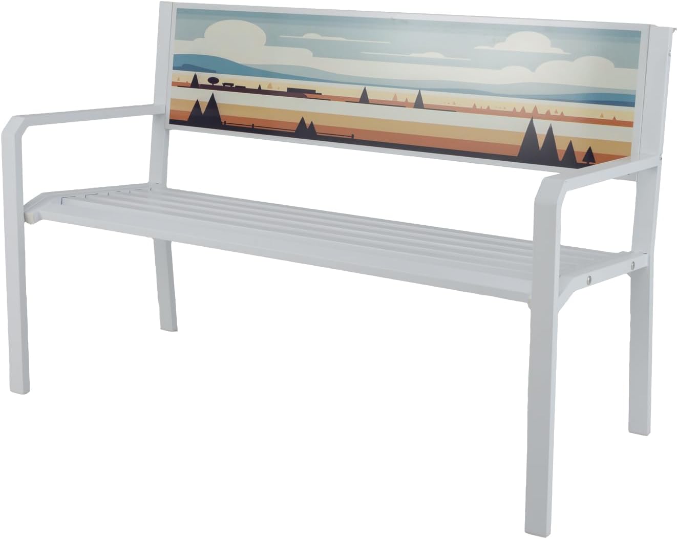 Metalowa Ławka Ogrodowa, Ławka z Listewkami dla 2 Osób z Ozdobnym Oparciem i Wygodnymi Podłokietnikami, Metalowa Konstrukcja