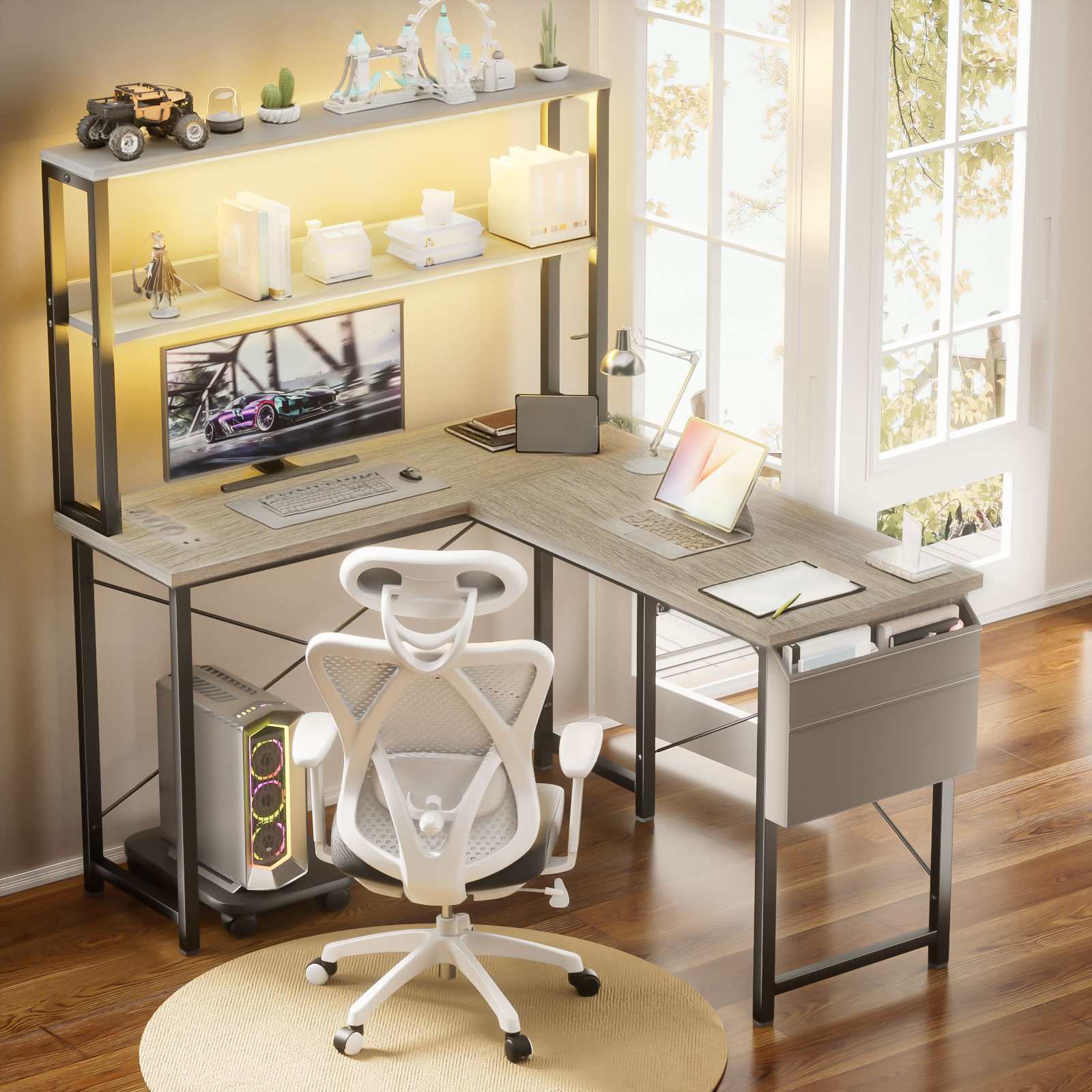 Bureau Gaming L-Forme 148cm avec LED, 3 Prises AC + 2 Ports USB, Étagères à Double Niveau, Réversible - 7