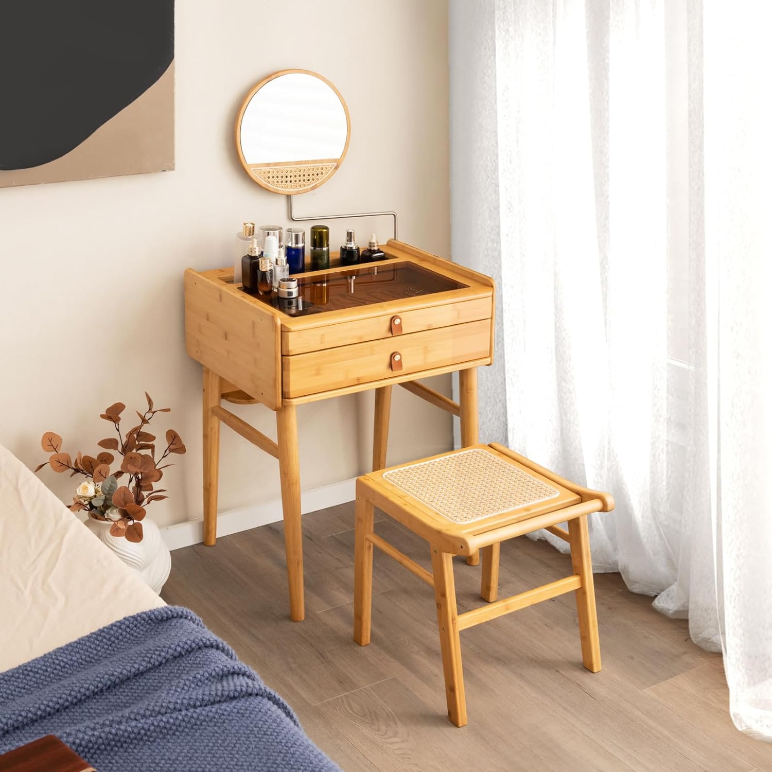 Tabouret de Coiffeuse en Bambou, Tabouret de Vanité, Pouf Ottoman avec Dessus en Rotin - 5