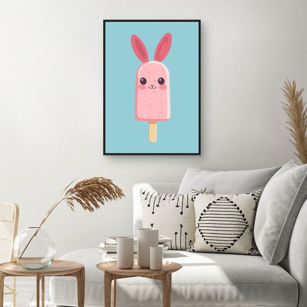 Tableau imprimé et encadré pour enfants 'Crème glacée lapin' / 60x90cm / Cadre Noir / Fabriqué en France / Toile murale / DADA ART - 2