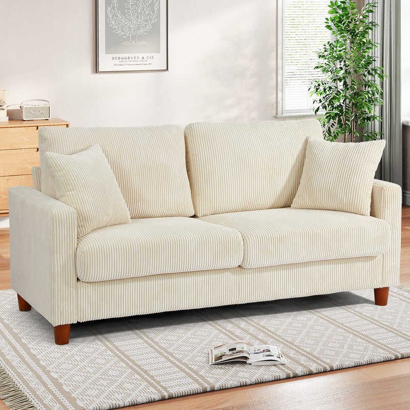 Canapé 2/3 Places en Velours Côtelé Beige,Canapé Scandinave avec 2 coussins et 2 oreillers pour le salon,178×76×84cm - 9