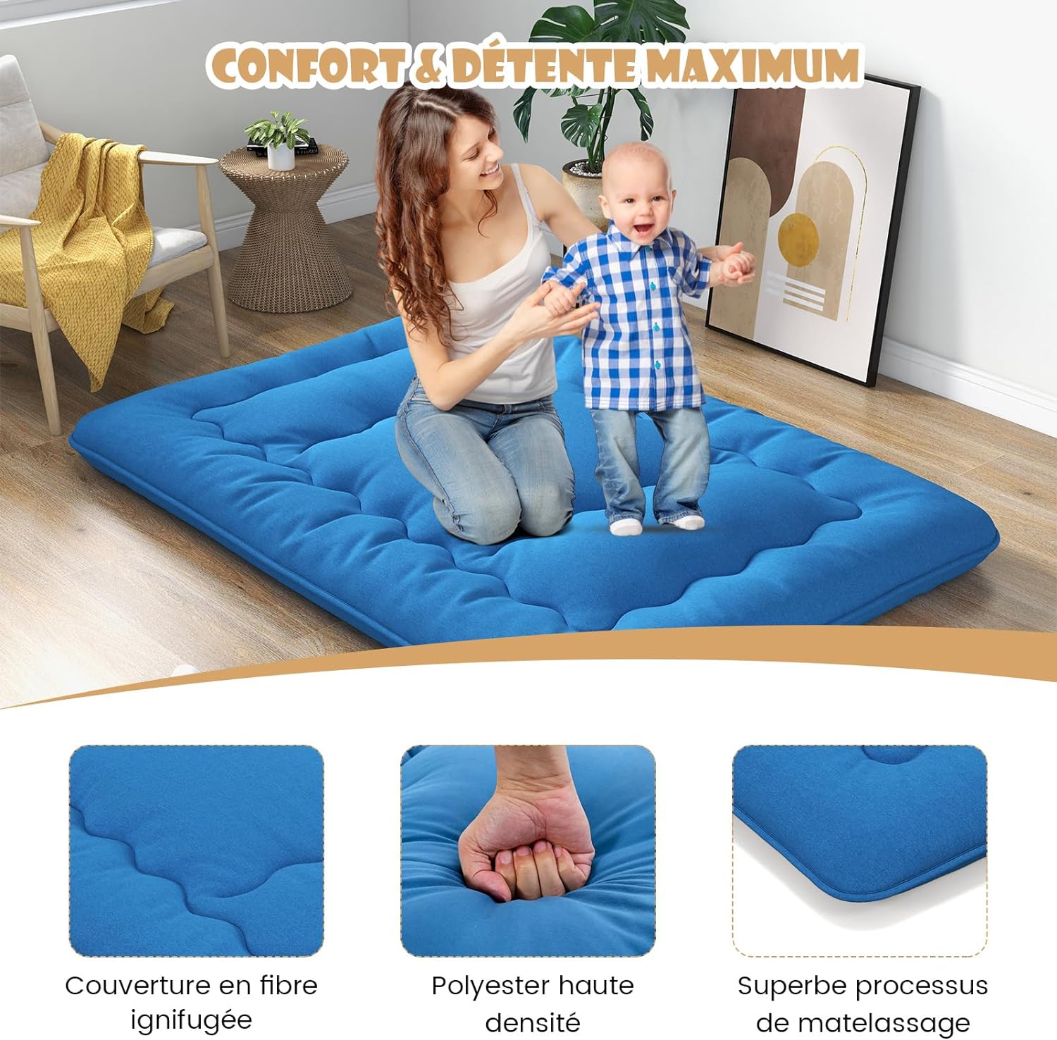 Matelas Futon Portable Pliable, Matelas Futon Japonais 90 x 200 cm, Housse Lavable,d'Invités (Bleu) - 4