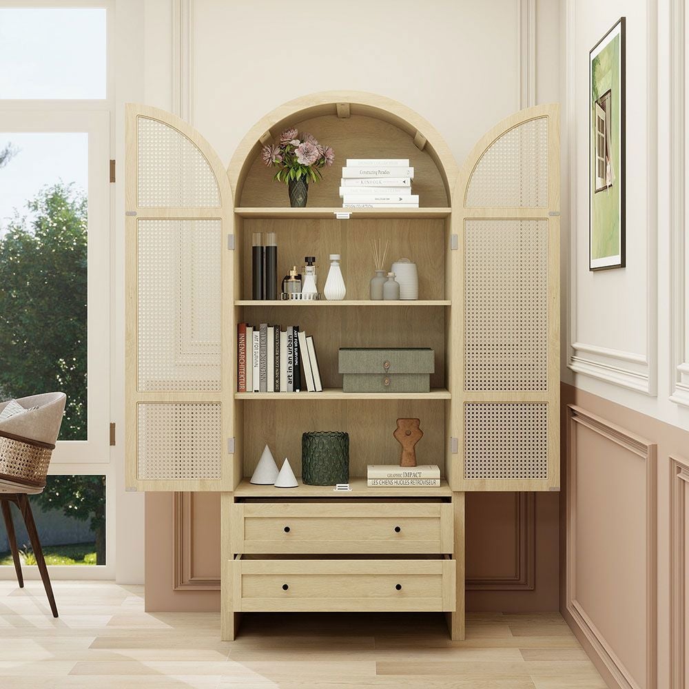 Armoire bohème 79x39.5x178 cm rotin tressé 2 tiroirs forme arc couleur naturelle - 4