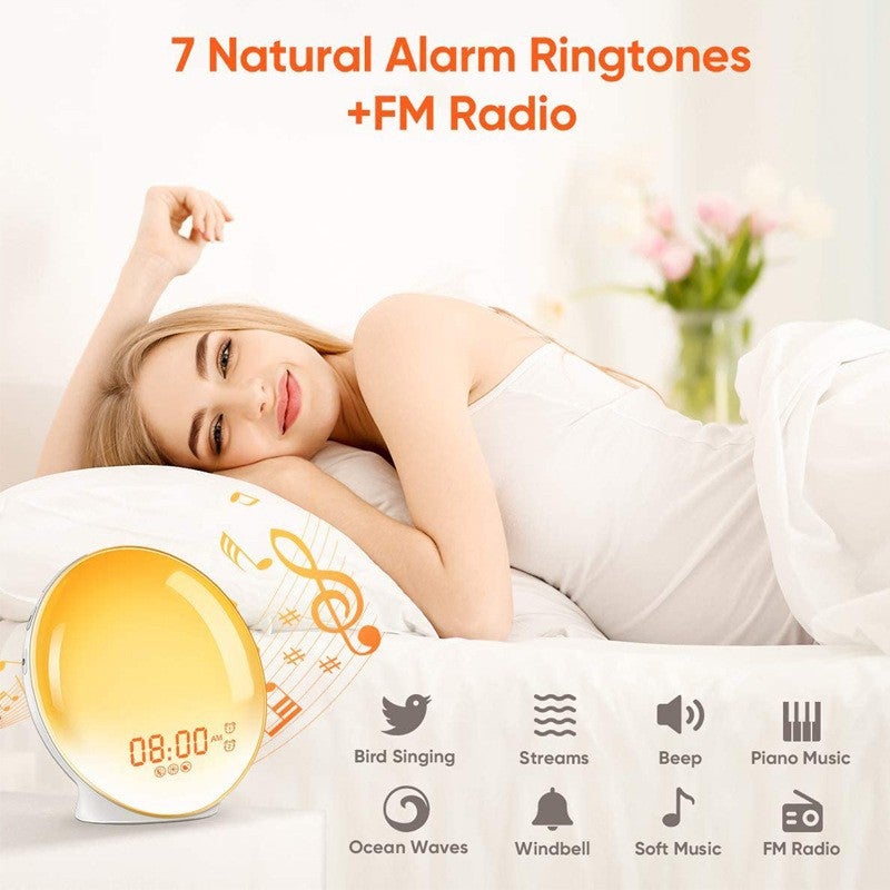 Réveil simulateur d'aube, conçu pour les gros dormeurs, avec lumière de réveil, bruit blanc et veilleuse 7 couleurs, idéal pour les chambres. - 5