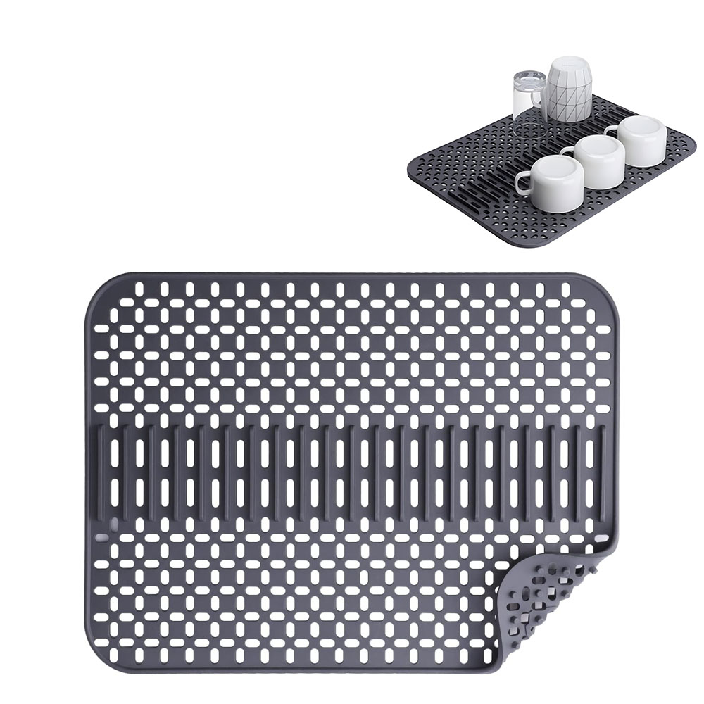 Szara silikonowa mata do zlewu 43 x 32 cm - Ochraniacz zlewu - Mata ociekowa - Z miejscem na kartę - Odporna na zarysowania - Chroni talerze i zlewy