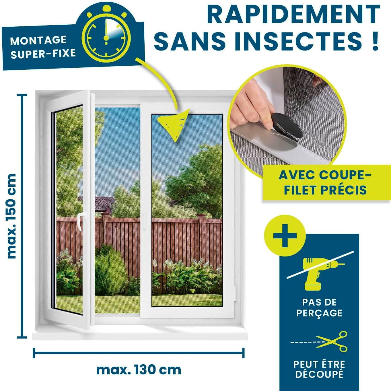 Moustiquaire de fenêtre avec Fixation magnétique innovante Moustiquaire jusqu'à 150 x 130 cm découpable Individuellement, Pas de perçage ni de vissage - 2