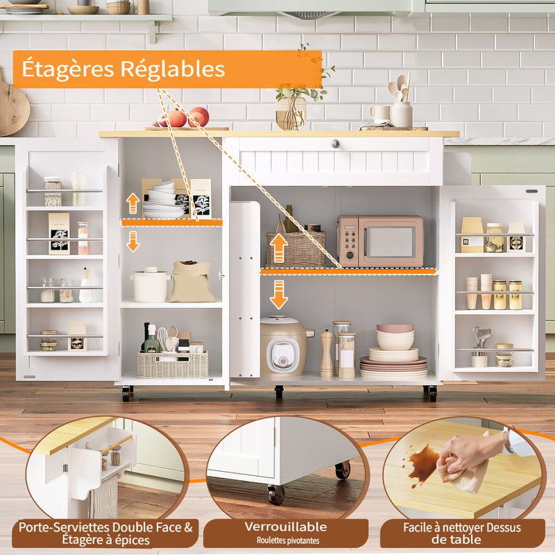 Îlot de cuisine mobile avec 1 tiroir,Chariot de cuisine avec plateau rabattable, Table de bar avec 3 étagères avec portes,Blanc 120×45-70×92 cm - 2