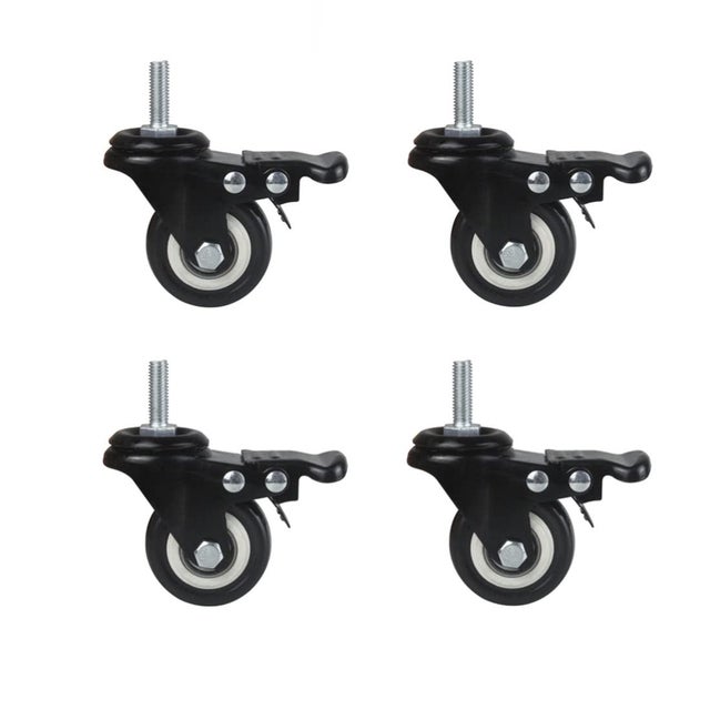 4 Rodas Giratórias 40mm Carga 50kg com Travão e Haste Roscada M8 em Borracha Preta