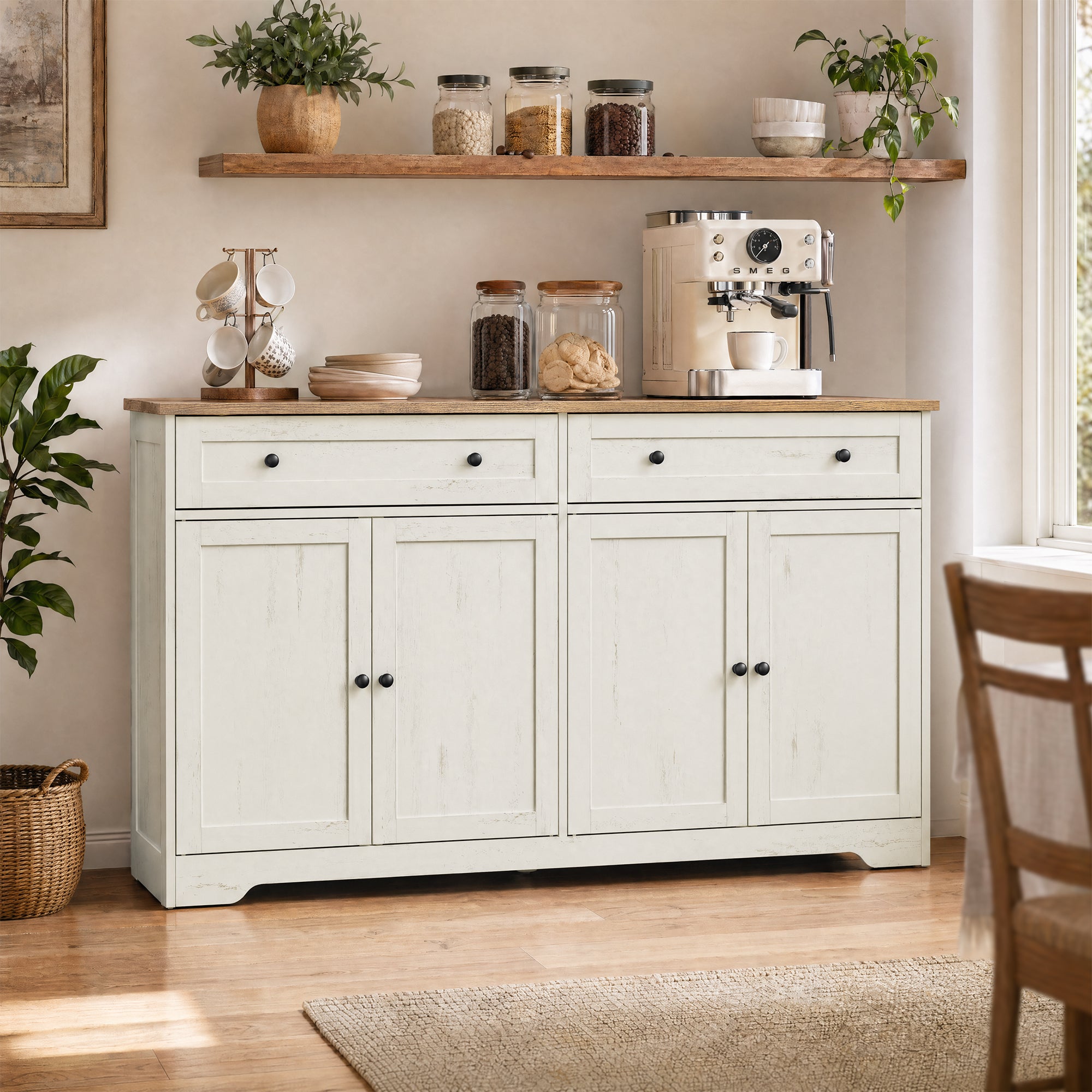 Buffet de Cuisine avec Étagères Réglables, 2 Tiroirs, 4 Portes, pour Salle à Manger, Style Maison de Campagne, Blanc - 3