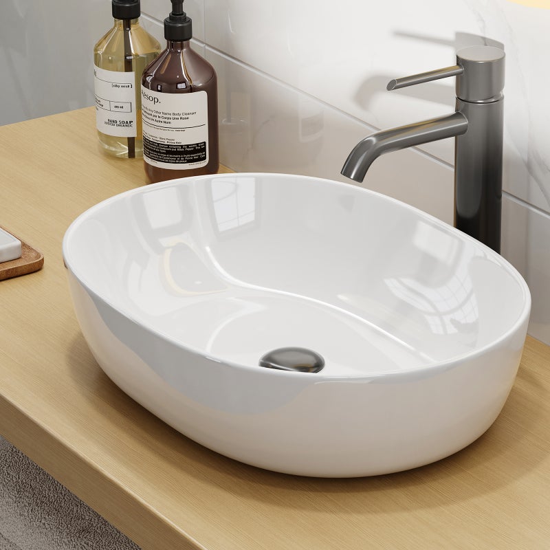 HOROW Umywalka owalna biała - umywalka ceramiczna nablatowa - odpowiednia do łazienek i toalet gościnnych - 59 × 41 × 14.5 cm