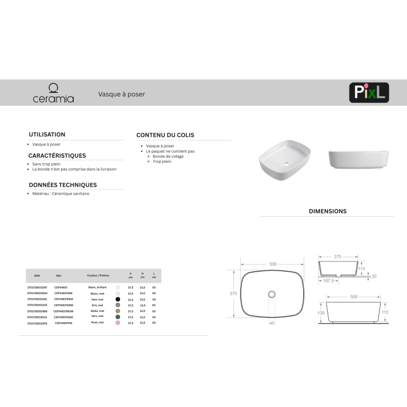 Ceramia PixL 50 x 37,5 x 13,5 cm lavabo da appoggio Infinitio, senza troppopieno, bianco lucido (CEPX4937) - 5