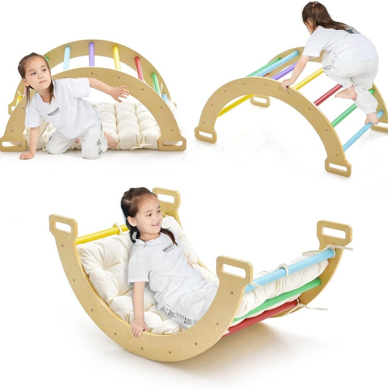 2 w 1 Drewniana Huśtawka dla Dzieci, Łuk do Wspinania Się z Miękką Poduszką, Obciążenie 50 kg, dla Dzieci Powyżej 1 Roku, Kolorowa