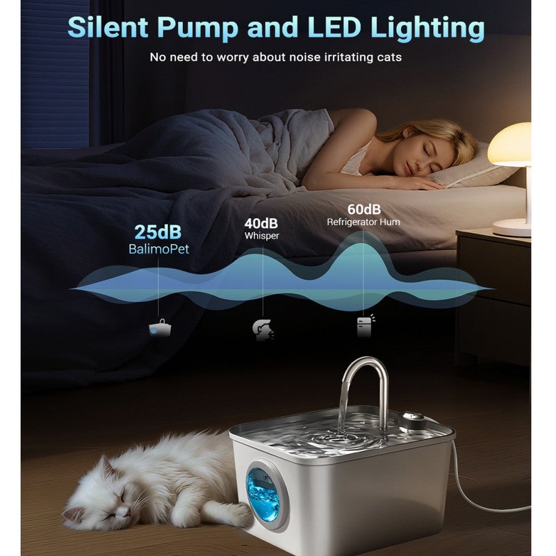 Acier inoxydable Fontaine à eau pour animaux de 2,6 L avec filtration 3 étages, chrome,avec réservoir transparent + 3 filtres + 3 mousses + 1 brosse - 4