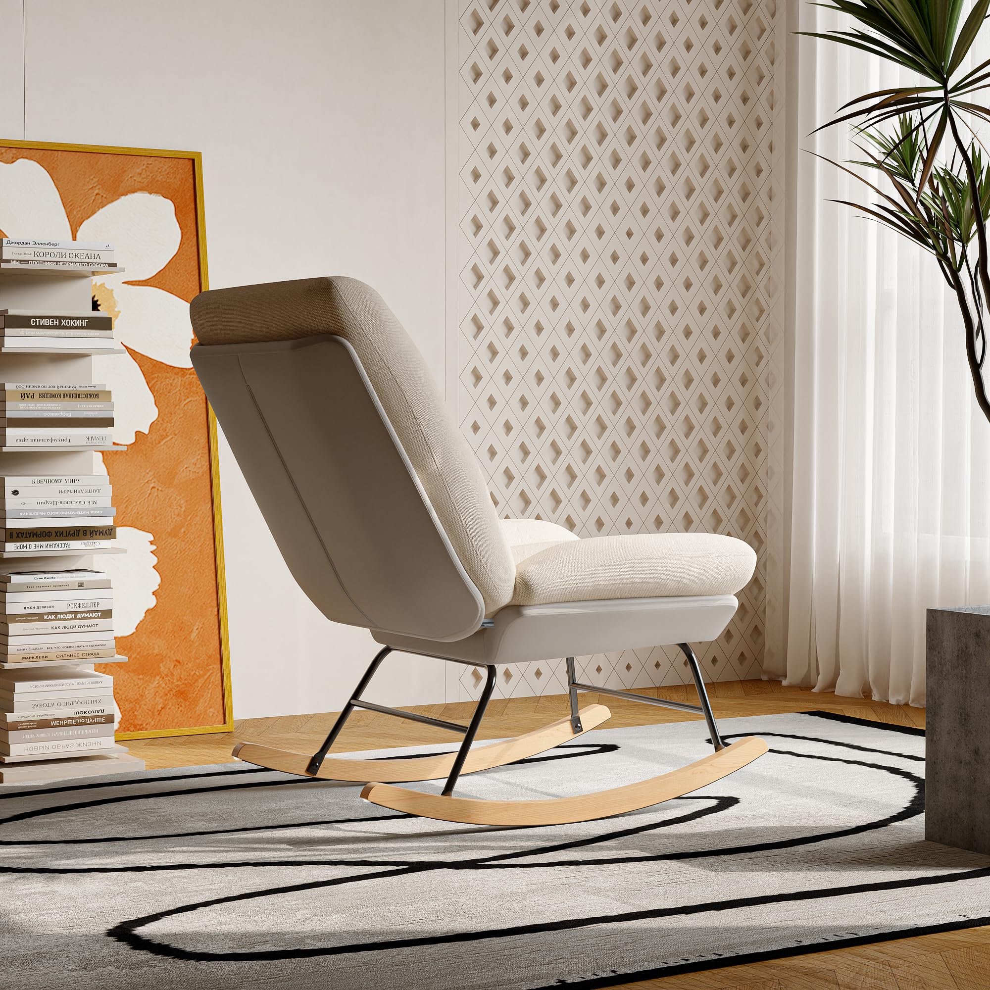 Fauteuil à Bascule, Rocking Chair, Fauteuil rembourré en Lin, avec Dossier Haut réglable, Chaise à Bascule, Chaise de Relaxation, d'allaitement - 7