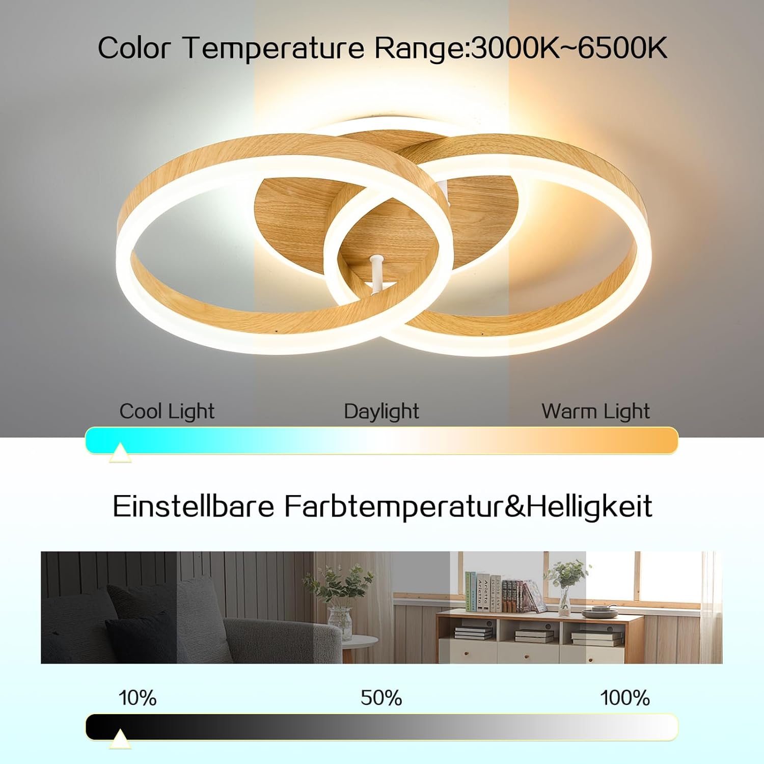 Amdelne Plafonnier LED 2 Anneaux Ø50cm 36W, Design Moderne, Dimmable avec Télécommande, Métal+Acrylique, Effet Bois, Salon/Chambre/Salle à manger - 2