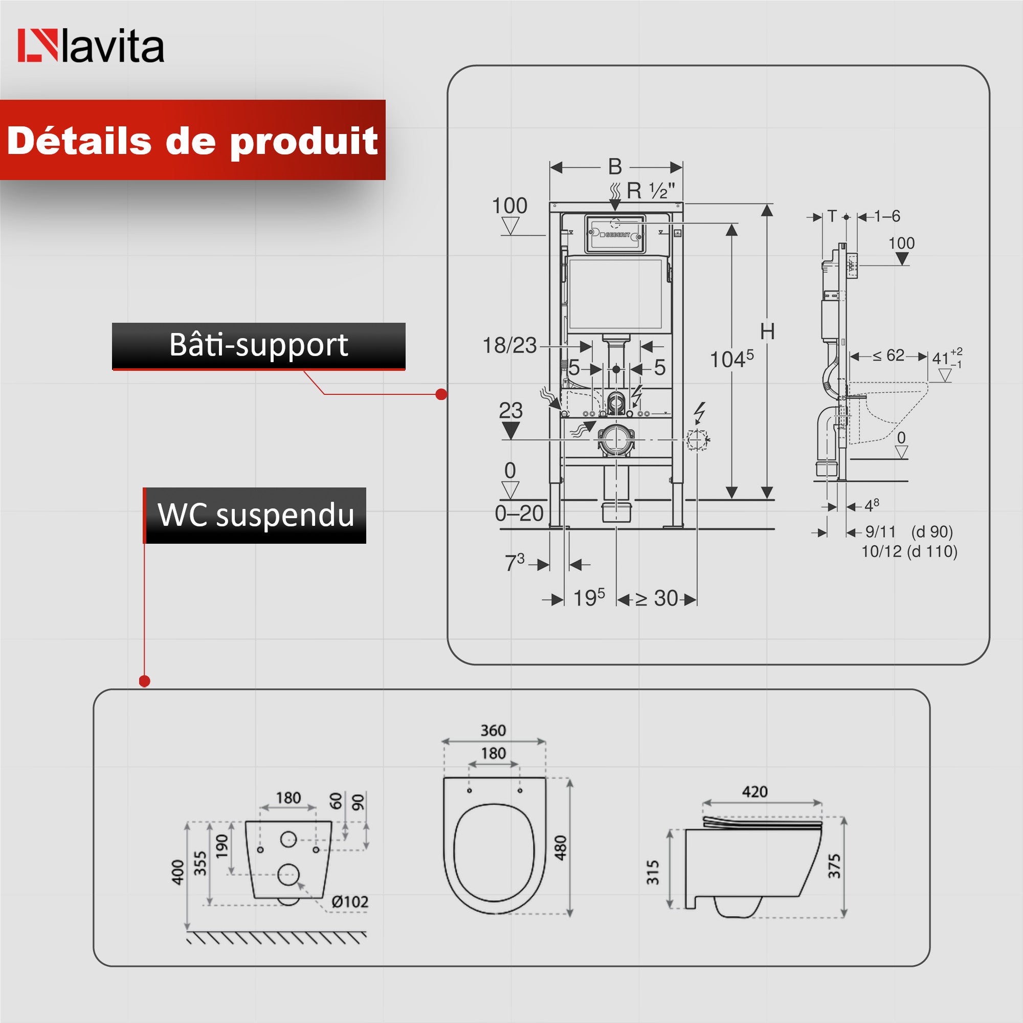 GEBERIT Duofix Basic Support Bâti-support + Lavita WC Praia suspendu blanc sans bord + panneau de commande Delta 25 chrome | Kit complet WC - 8