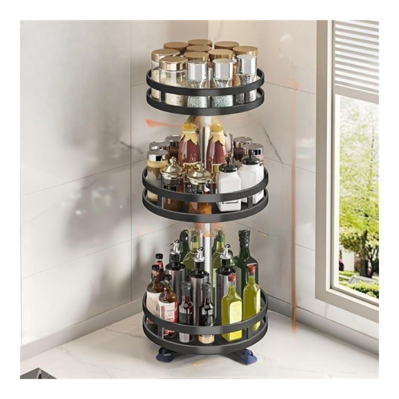 Metalowy obrotowy stojak na przyprawy na blat kuchenny, regulowany, 3-poziomowy, okrągły, czarny, 26*59 cm