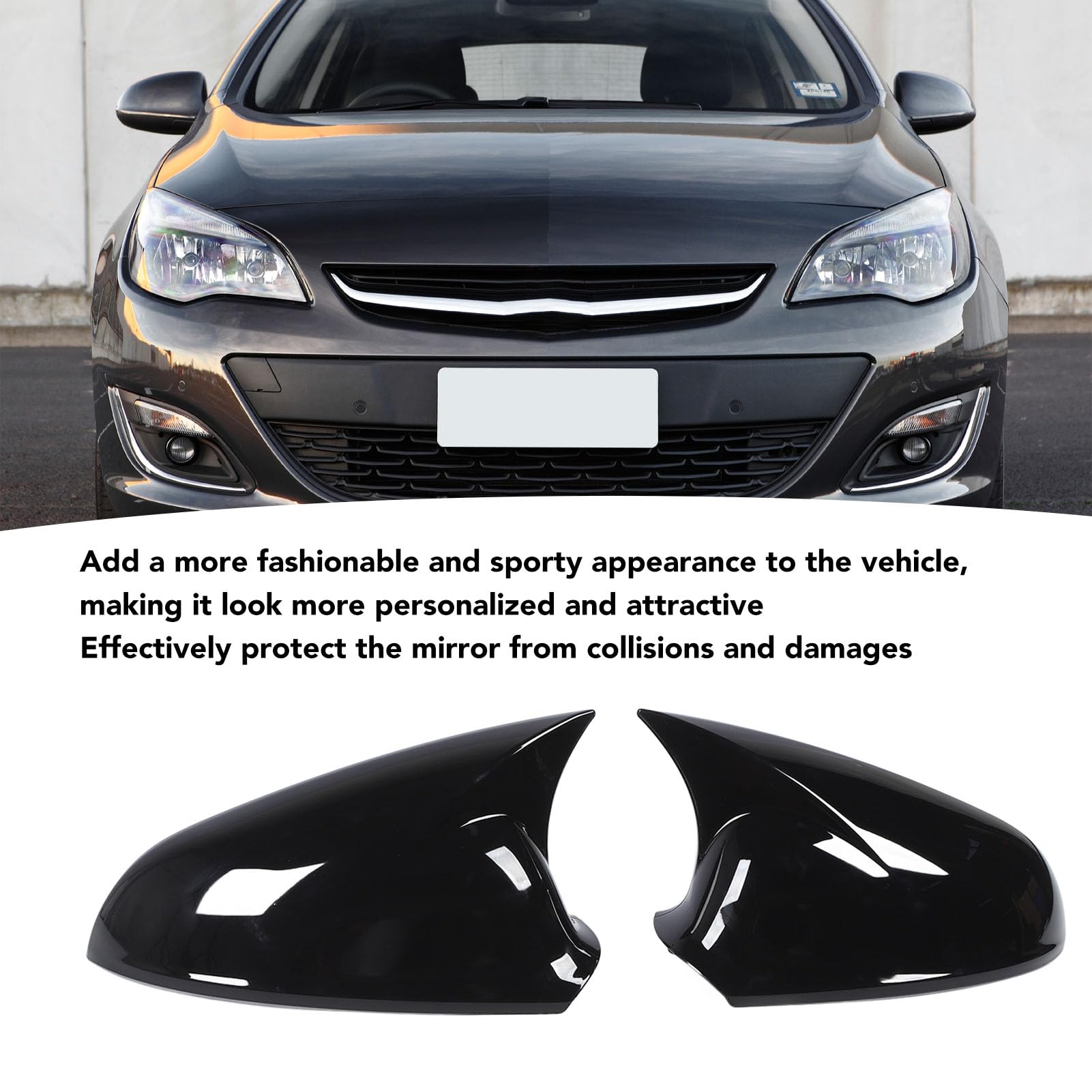 Coppia di copri specchietti retrovisori neri lucidi che migliorano l'aspetto del veicolo e lo sostituiscono per Vauxhall Astra J MK6 - 8