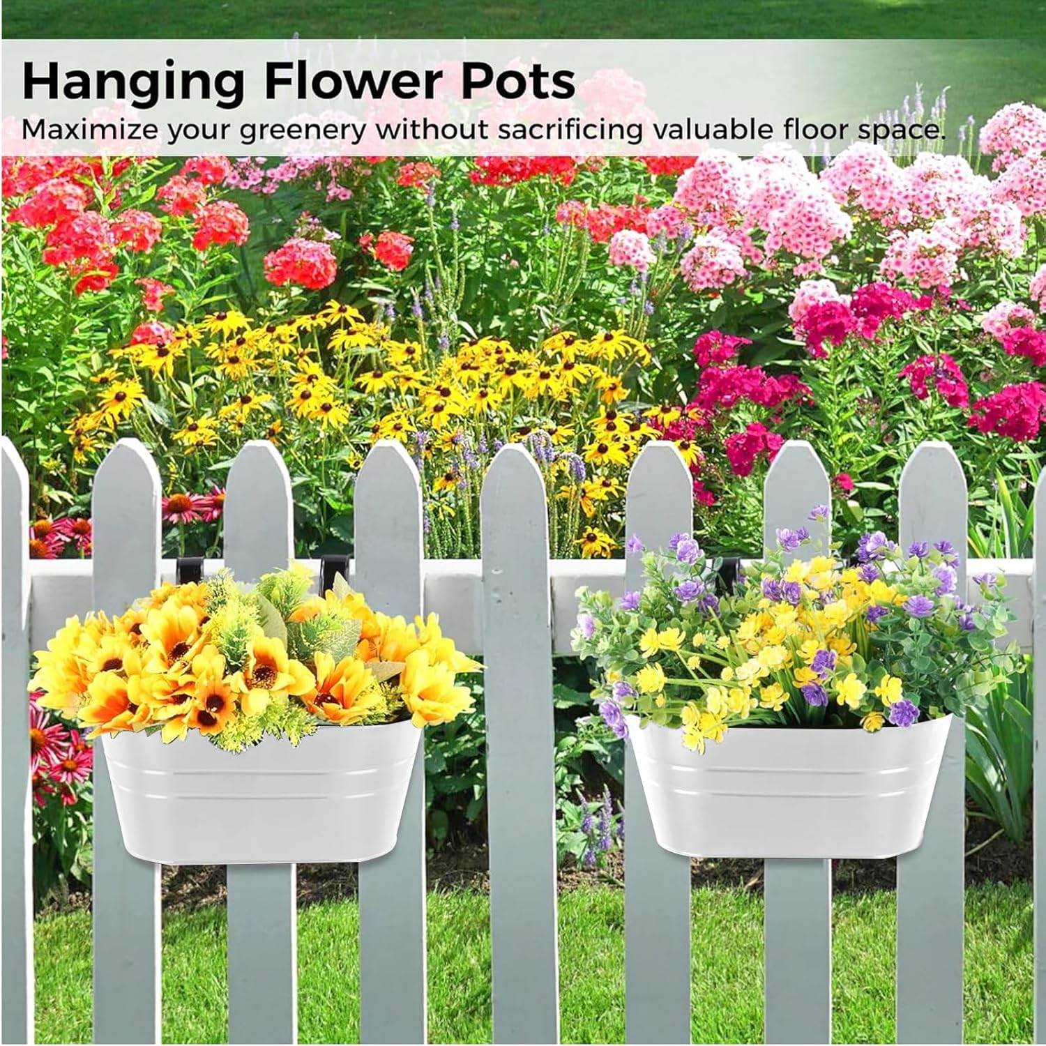 4 Pièces (Blanc) Pots de Fleurs à Suspendre en Métal, Grandes Pot Suspendu, Jardiniere Balcon 27 cm, avec Trou de Drainage, pour Clôture de Balcon, - 4