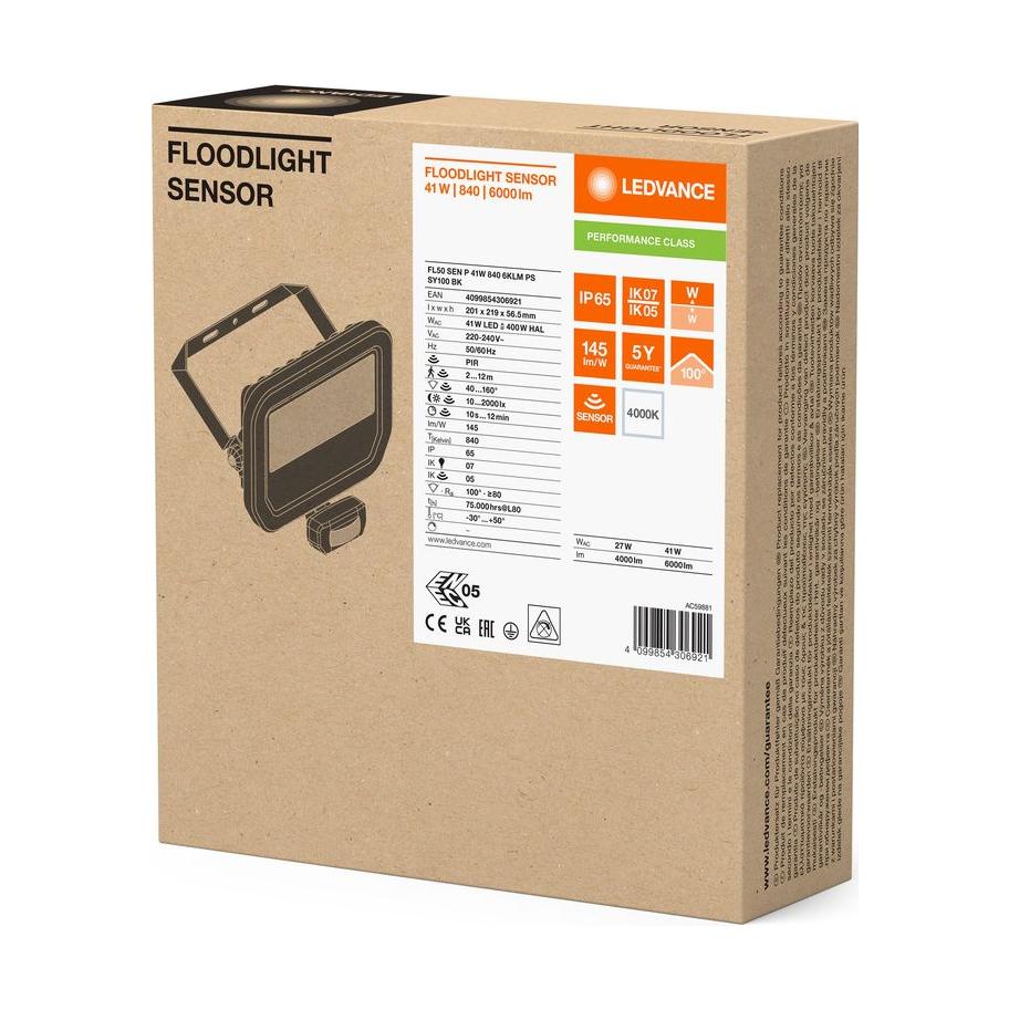 Ledvance Projecteur LED Aluminium Noir 41W 6000lm 100D - 840 Blanc Froid | IP65 - Détecteur De Mouvement Et De Lumière - Symétrique - 6