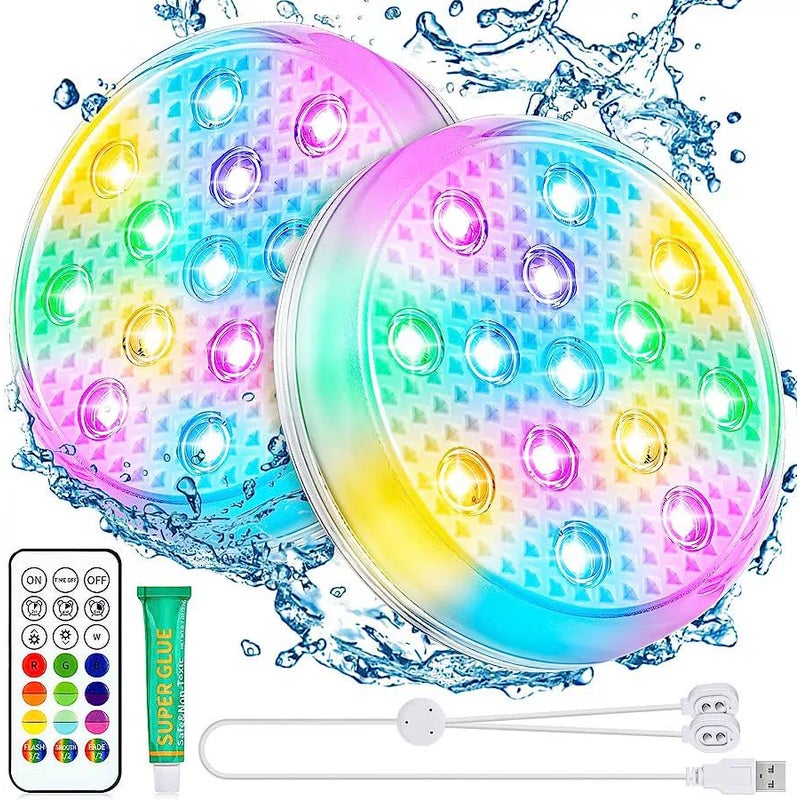Zestaw 2 ładowalnych, zanurzalnych lamp LED, Oświetlenie LED do basenu z pilotem, Wielokolorowe światła nastrojowe RGB