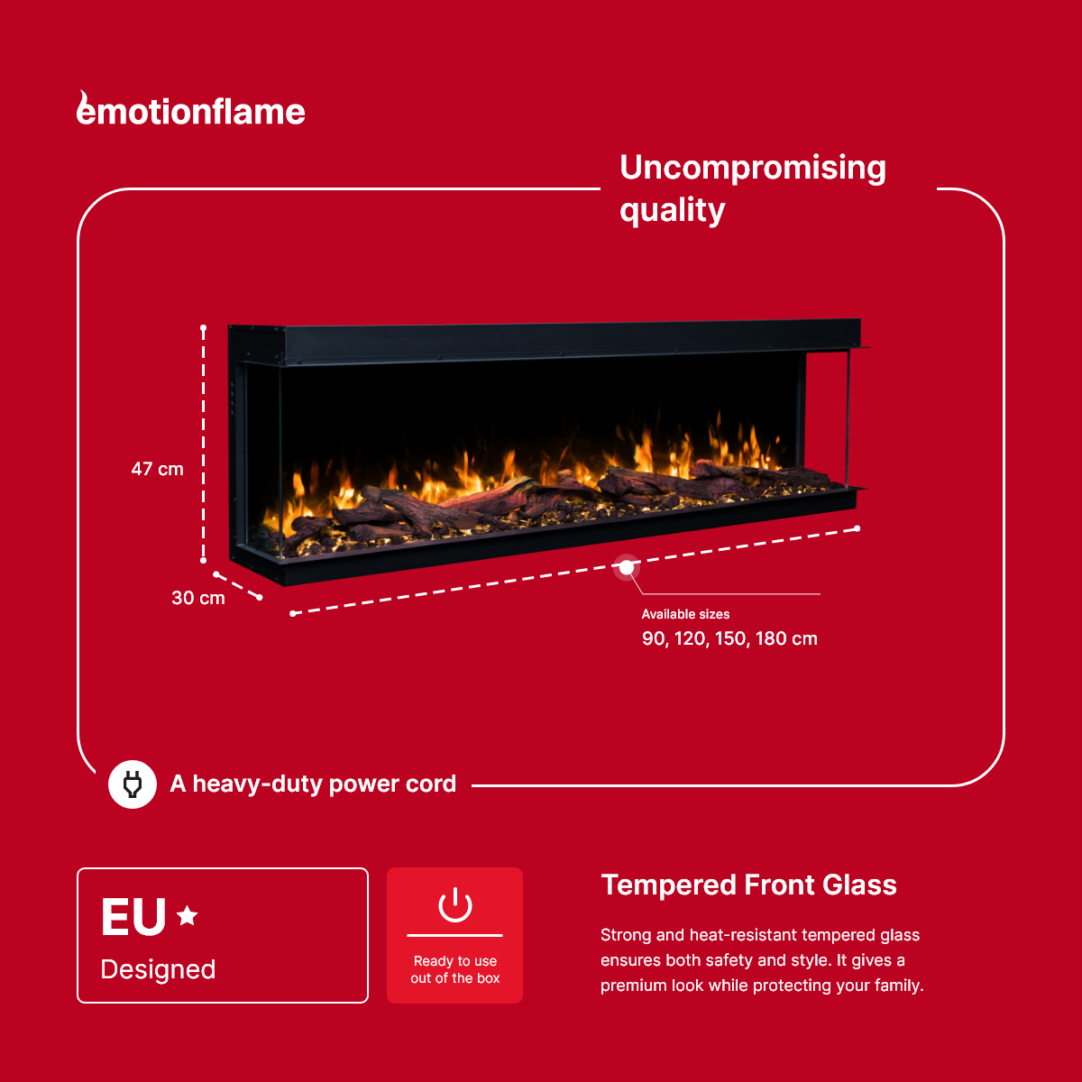 Cheminée électrique à 3 côtés Emotion Flame Solis 120 - feu premium, encastrable - 120x30x46 cm - cheminée LED - chauffage 750/1500 W - 4