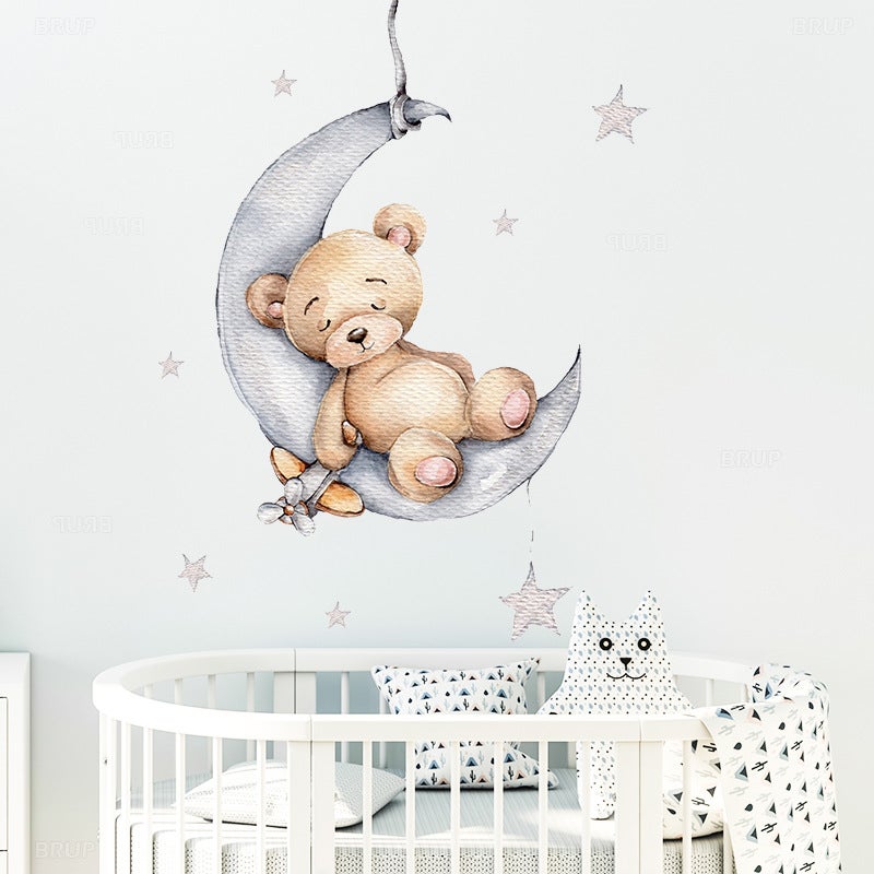 Niedźwiedź Kształt Na Chmurach Naklejki Na Ścianę Księżyc Płótno Balon Na Gorące Powietrze Słodkie Marzenie Naklejka Na Ścianę Do Sypialni